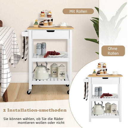 Bamboo Kitchen Island with Pull-Out Drawer & Side Push Handle Rollable Microwave Trolley White