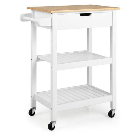 Bamboo Kitchen Island with Pull-Out Drawer & Side Push Handle Rollable Microwave Trolley White