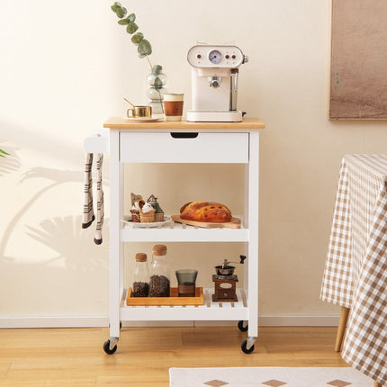 Bamboo Kitchen Island with Pull-Out Drawer & Side Push Handle Rollable Microwave Trolley White