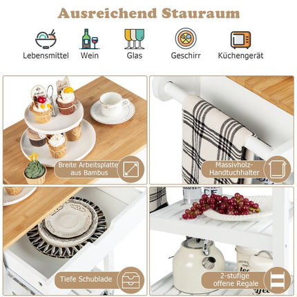 Bamboo Kitchen Island with Pull-Out Drawer & Side Push Handle Rollable Microwave Trolley White
