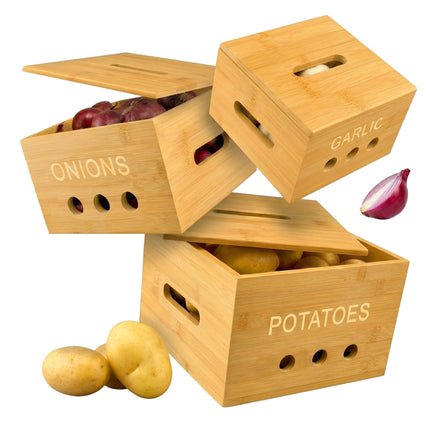 Bamboo Kitchen Storage Box Set – Potato, Onion, Garlic