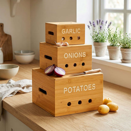 Bamboo Kitchen Storage Box Set – Potato, Onion, Garlic