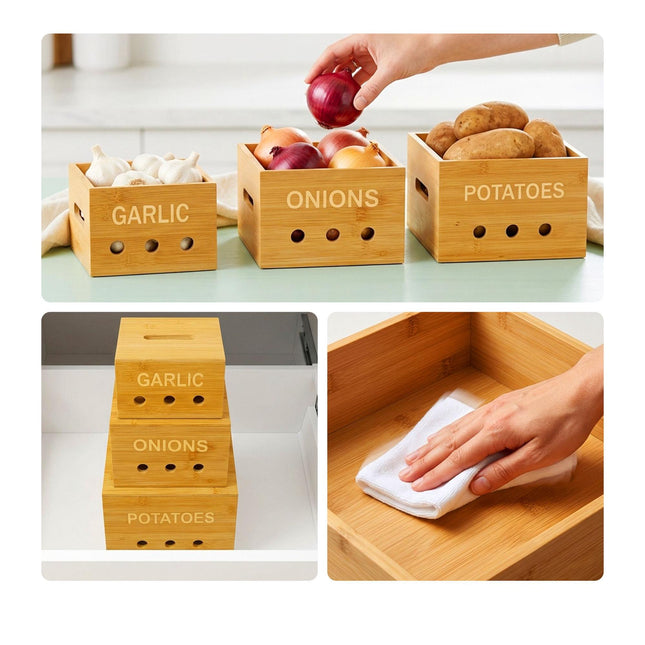 Bamboe keukenopbergdozenset – Aardappel, ui, knoflook