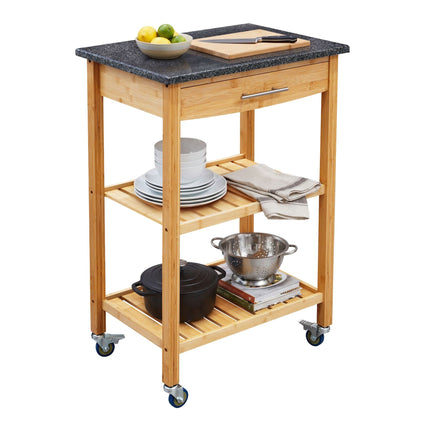 Bamboo Kitchen Trolley with Granite Worktop, 2 Shelves