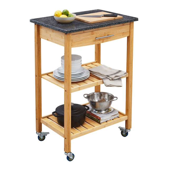 Bamboo Kitchen Trolley with Granite Worktop, 2 Shelves