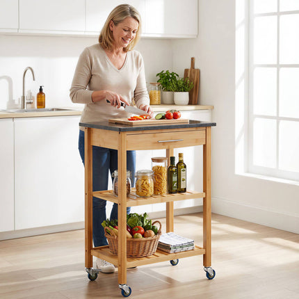 Bamboo Kitchen Trolley with Granite Worktop, 2 Shelves