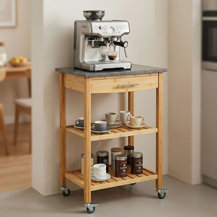 Bamboo Kitchen Trolley with Granite Worktop, 2 Shelves