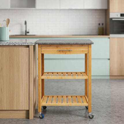 Bamboo Kitchen Trolley with Granite Worktop, 2 Shelves