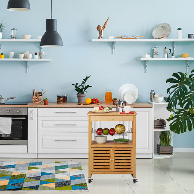 Bamboo Kitchen Trolley with Storage and Wheels