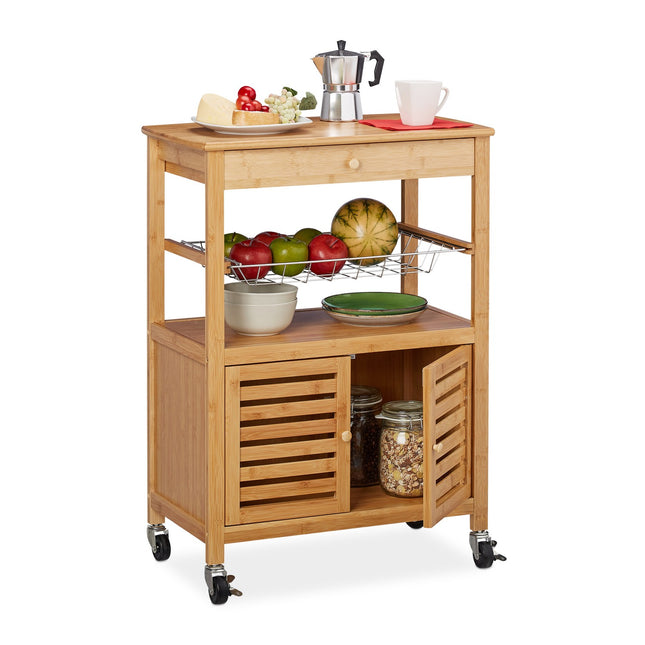 Bamboo Kitchen Trolley with Storage and Wheels