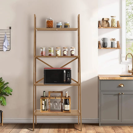 Bamboo Ladder Shelf with Anti-Tip, 4 Tiers, 60x35.5x148 cm