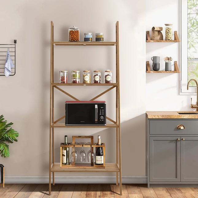 Bamboo Ladder Shelf with Anti-Tip, 4 Tiers, 60x35.5x148 cm