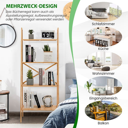 Bamboo Ladder Shelf with Anti-Tip, 4 Tiers, 60x35.5x148 cm