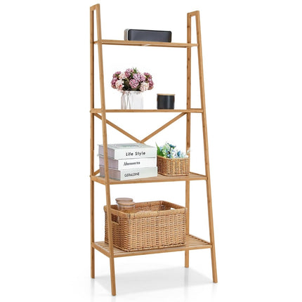 Bamboo Ladder Shelf with Anti-Tip, 4 Tiers, 60x35.5x148 cm
