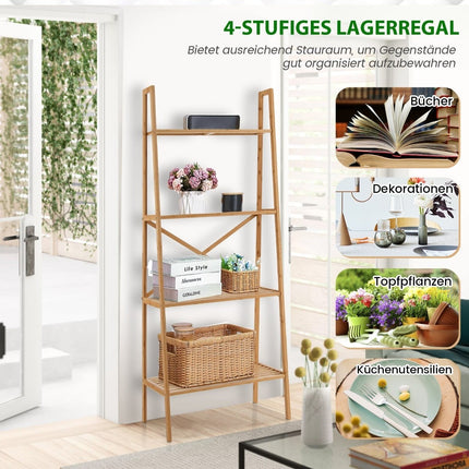 Bamboo Ladder Shelf with Anti-Tip, 4 Tiers, 60x35.5x148 cm