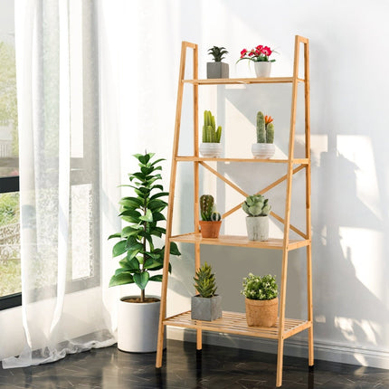 Bamboo Ladder Shelf with Anti-Tip, 4 Tiers, 60x35.5x148 cm