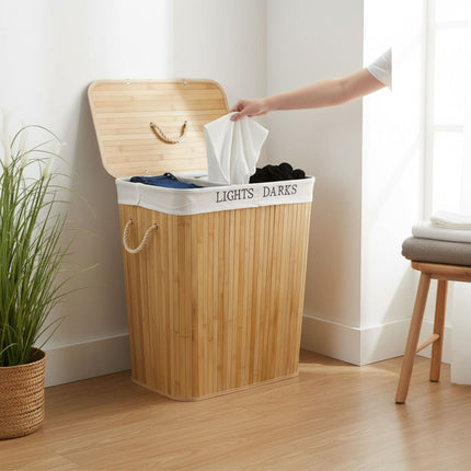 Bamboo Laundry Basket, 2 Compartments, Foldable