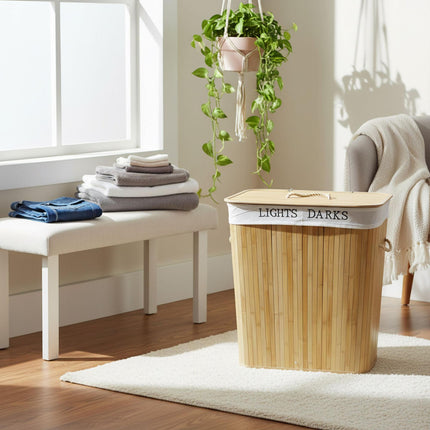 Bamboo Laundry Basket, 2 Compartments, Foldable