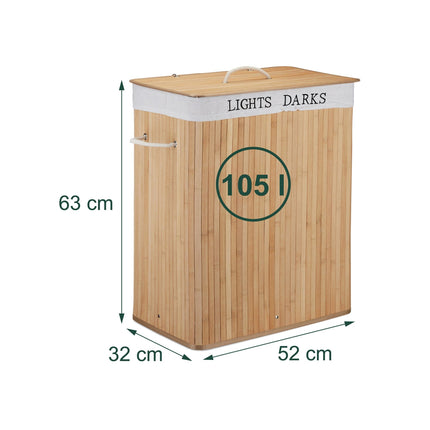 Bamboo Laundry Basket, 2 Compartments, Foldable