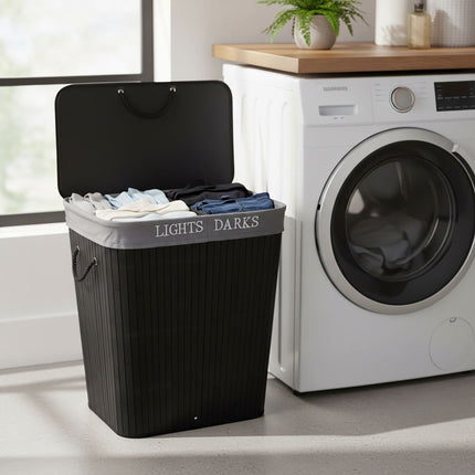 Bamboo Laundry Basket, 2-Section Hamper with Lid