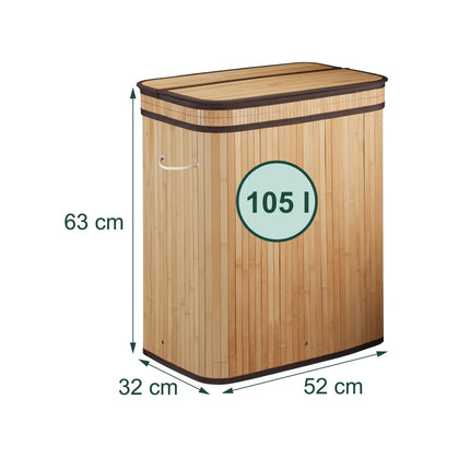Bamboo Laundry Basket, 3 Compartments, Foldable