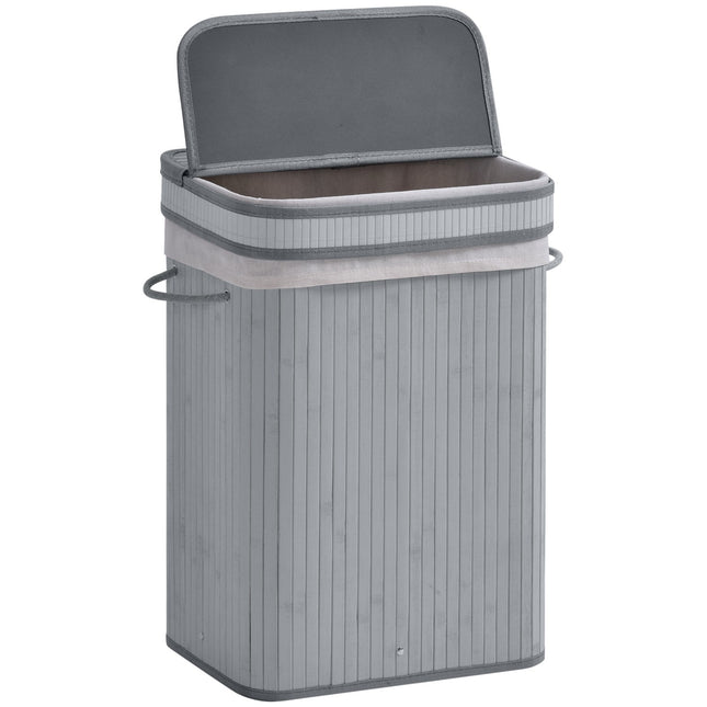 Bamboe wasmand Slim met deksel 70 L wasmand met handgrepen, afneembare waszak, wasmanden voor wasruimte slaapkamer badkamer grijs Aosom