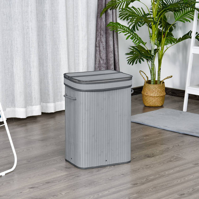 Bamboe wasmand Slim met deksel 70 L wasmand met handgrepen, afneembare waszak, wasmanden voor wasruimte slaapkamer badkamer grijs Aosom