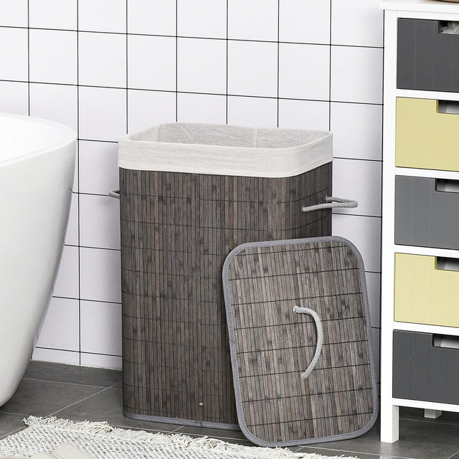 Bamboe Wasmand Slim met Deksel 83L Wasmand met Handgrepen, Afneembare Waszak, Wasmanden Wassorteerder voor Wasruimte Badkamer Slaapkamer Grijs