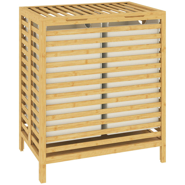 Bamboo Laundry Basket with Lid, 2 Foldable 32L Bags