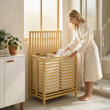 Bamboo Laundry Basket with Lid, 2 Foldable 32L Bags