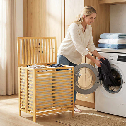 Bamboo Laundry Basket with Lid, 2 Foldable 32L Bags