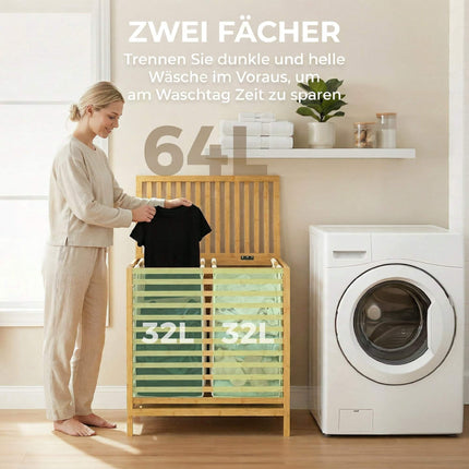 Bamboo Laundry Basket with Lid, 2 Foldable 32L Bags