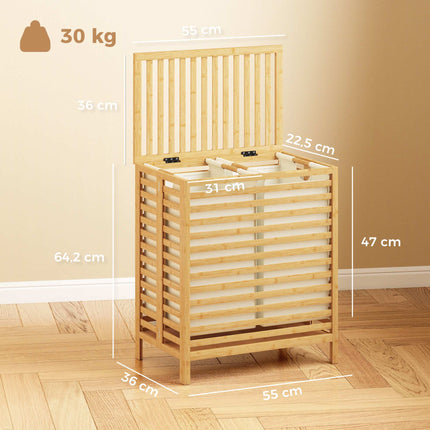 Bamboo Laundry Basket with Lid, 2 Foldable 32L Bags