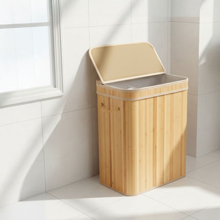 Bamboo Laundry Bin With Lid, Handles, Washable Bag