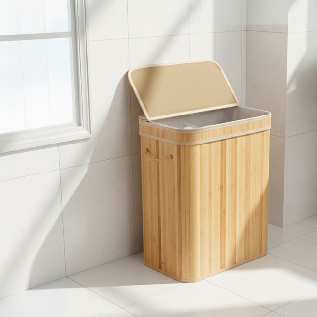 Bamboo Laundry Bin With Lid, Handles, Washable Bag