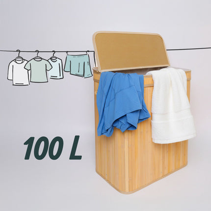 Bamboo Laundry Bin With Lid, Handles, Washable Bag