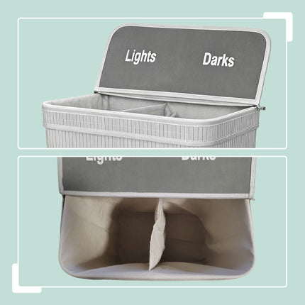 Bamboo Laundry Hamper, 2 Compartments, Foldable