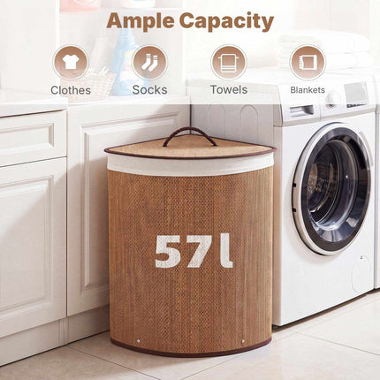 Bamboo Laundry Hamper 57 L with Lid and Removable Liner, Brown, Foldable