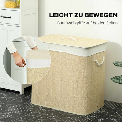 Bamboo Laundry Hamper With Lid, 3-Compartment 144L