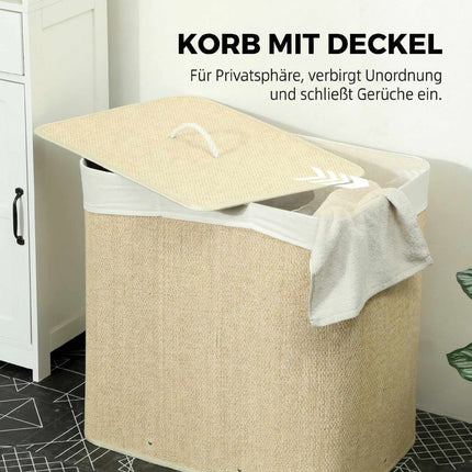 Bamboo Laundry Hamper With Lid, 3-Compartment 144L
