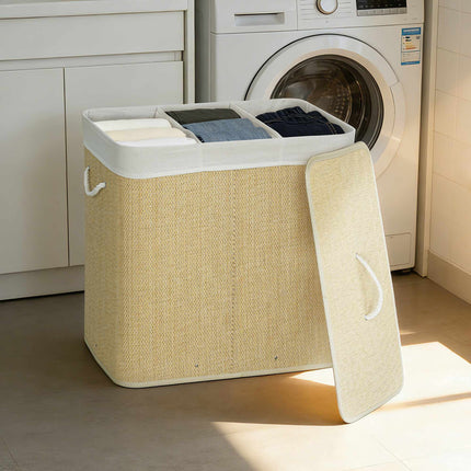 Bamboo Laundry Hamper With Lid, 3-Compartment 144L