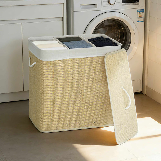Bamboo Laundry Hamper With Lid, 3-Compartment 144L