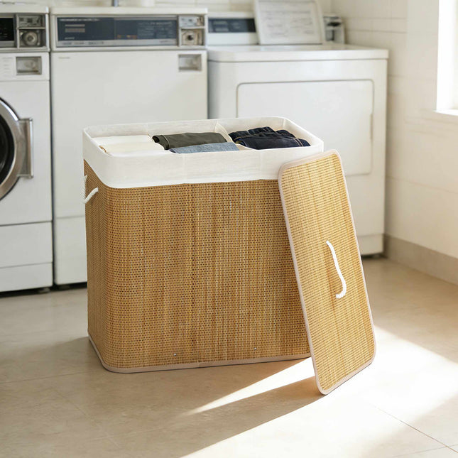 Bamboo Laundry Hamper With Lid, 3 Compartments, 144L