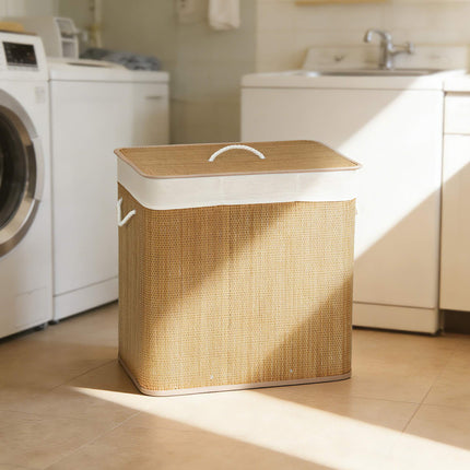 Bamboo Laundry Hamper With Lid, 3 Compartments, 144L