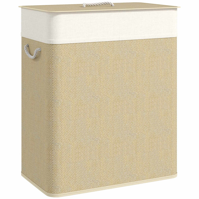 Bamboo Laundry Hamper with Lid, 2 Compartments, 100L