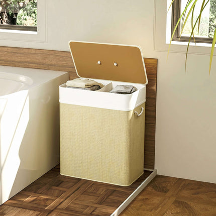 Bamboo Laundry Hamper with Lid, 2 Compartments, 100L