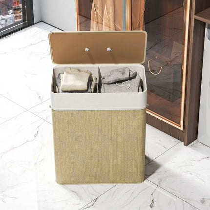Bamboo Laundry Hamper with Lid, 2 Compartments, 100L