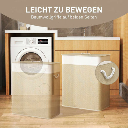 Bamboo Laundry Hamper with Lid, 2 Compartments, 100L