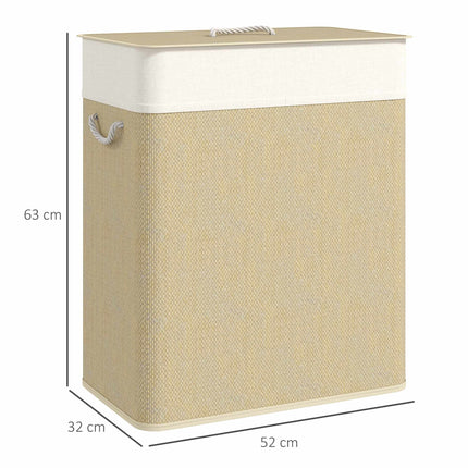 Bamboo Laundry Hamper with Lid, 2 Compartments, 100L