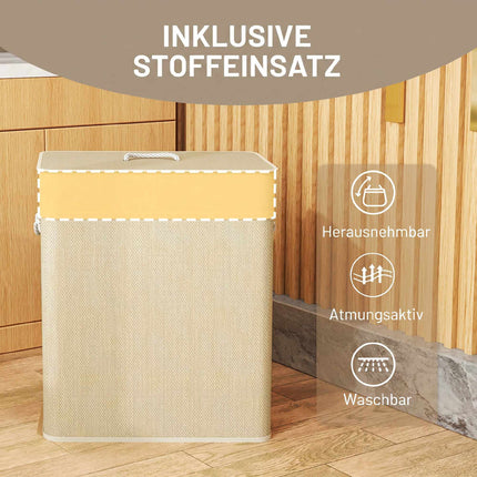 Bamboo Laundry Hamper with Lid, 2 Compartments, 100L